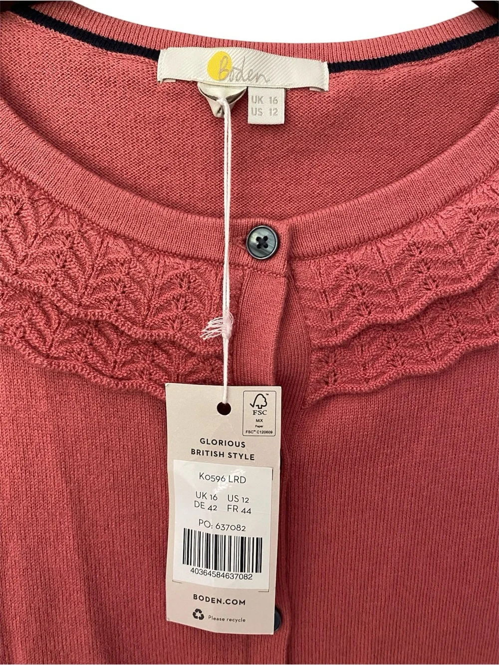 NWT Boden Scalloped Edge Knit Cardigan Women’s Size 12 Salmon Pink Coquette